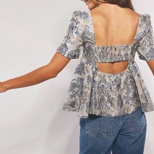 Free People Blue and Gray Floral Jacquard Top